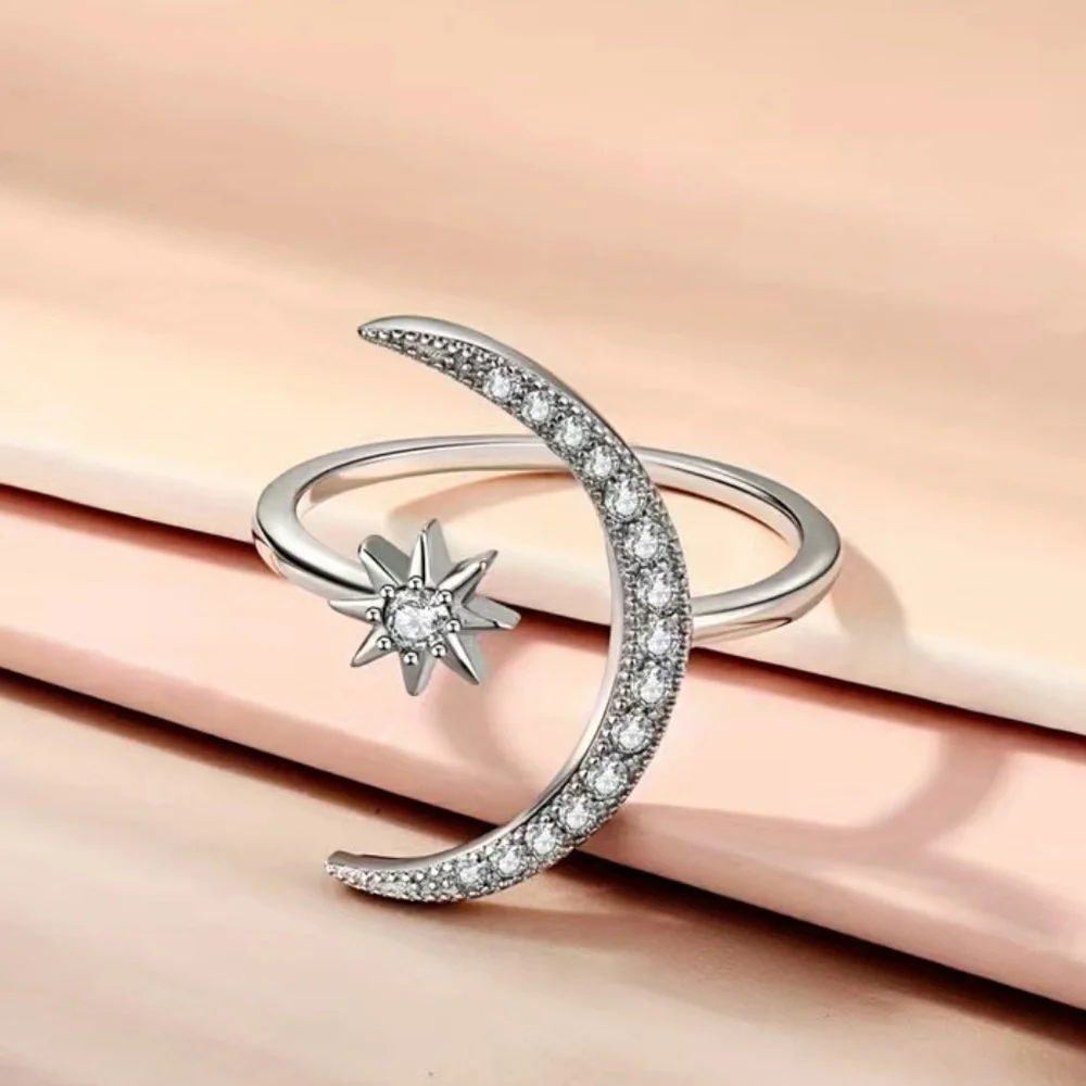 Adjustable Size Cuff Ring Crescent Moon And Star Design Shape Inlaid Rhinestones - Picture 7 of 8